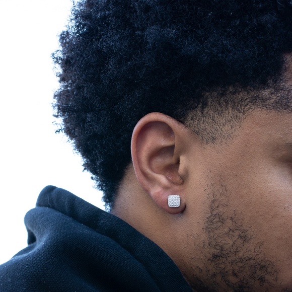 Mens Square White Gold Hip Hop Iced Sterling Silver Screw Back Stud Earrings - Picture 5 of 5